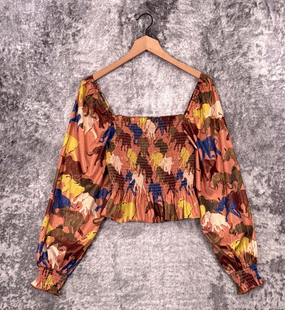 Anthropologie Top Small Womens The Odells Elephant Smocked Long Sleeve Blouse